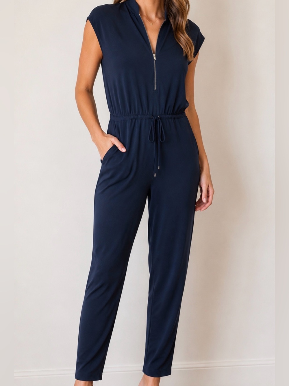 Trulli NWT Navy Blue Zip Front Drawstring Waist Jumpsuit with Pockets